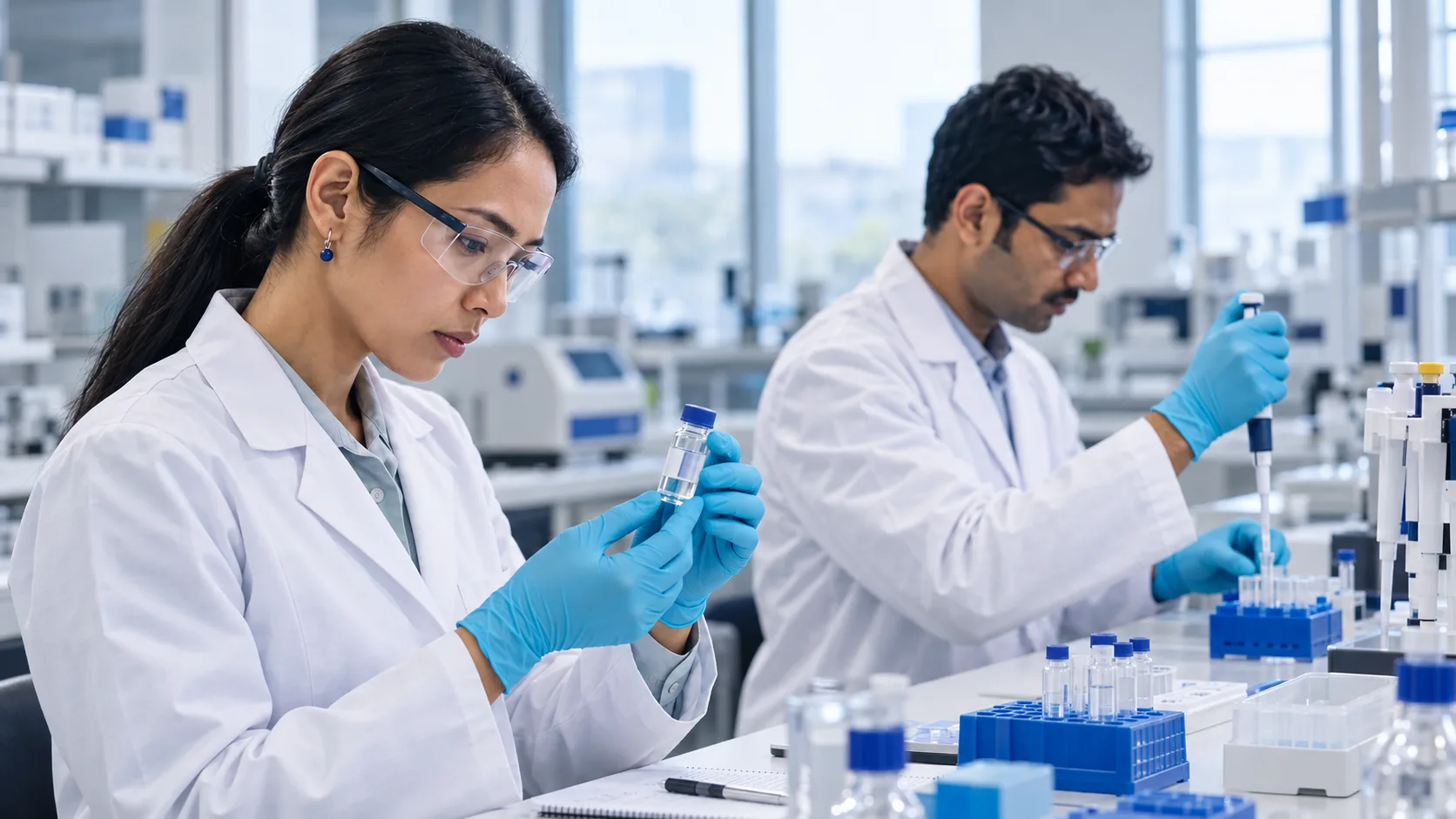 Deux scientifiques analysent des échantillons dans un laboratoire pharmaceutique